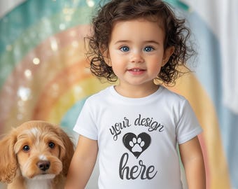 White Bella Canvas 3001T Mockup, White Rabbit Skins 3321 Mockup, White Gildan P5100 Mock Up, Minimalist Toddler Mockup, Mockup with Dog