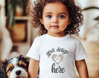White Bella Canvas 3001T Mockup, White Rabbit Skins 3321 Mockup, White Gildan P5100 Mock Up, Minimalist Toddler Mockup, Mockup with Dog