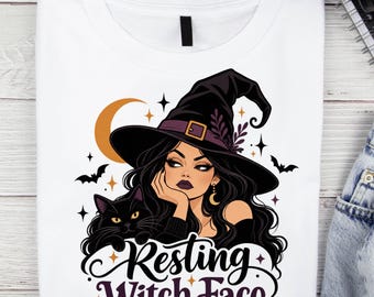 Resting Witch Face Halloween PNG, Black Cat, Moon, Bats (Digital Download)