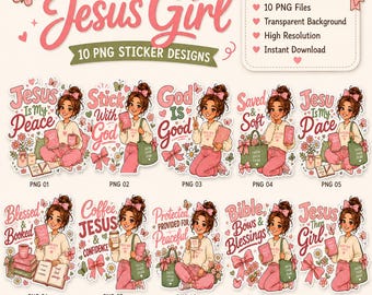 Paquete de imágenes PNG de Jesus Girl, imágenes prediseñadas de la fe cristiana, pegatinas bíblicas con lazo rosa (descarga digital)