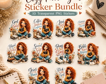 Paquete de pegatinas Cozy Faith Girl / Descarga digital PNG cristiana