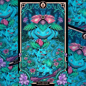 May include: A vertical rectangular art print featuring three blue creatures in a pond setting. The top creature has a large pink flower, the middle has a pink bud, and the bottom has a green bulb. The text "フシギバナ" appears at the bottom.