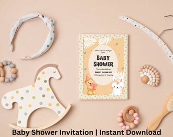 May include: A baby shower invitation with a yellow and white background. The invitation features a cartoon bear and bunny with the text "There's a new baby to love! Baby Shower You're invited on Sunday, 24 June 2027 123 Anywhere St. Any City"