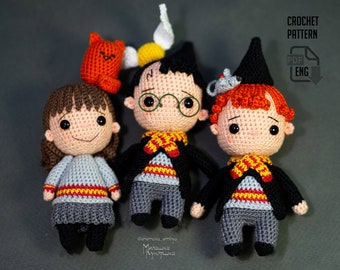 Set Wizards crochet patterns / Amigurumi dolls boys magician and cute smart witch with red cat.  Set: 2 patterns = 3 wizards & 2 animals