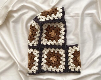 Crochet Granny Square Balaclava: Brown & Cream Winter Hat