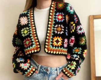 Crochet Granny Square Cardigan, Handmade Cardigan, Big Sleeves Cardigan, Crochet Crop Cardigan, Colorful Women Cardigan, Winter Warm Top