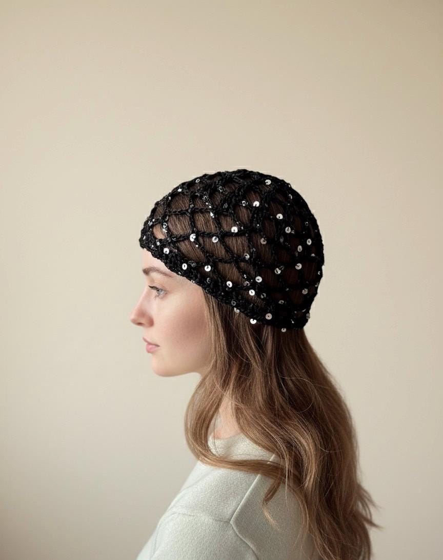 Crochet Knit Beanie Boho Y2K Hollow Out Skull Cap Rhinestone Decor Accessory Mazilk Crochet Hat for Women Handmade Sequin Beanie Hat  main image 2