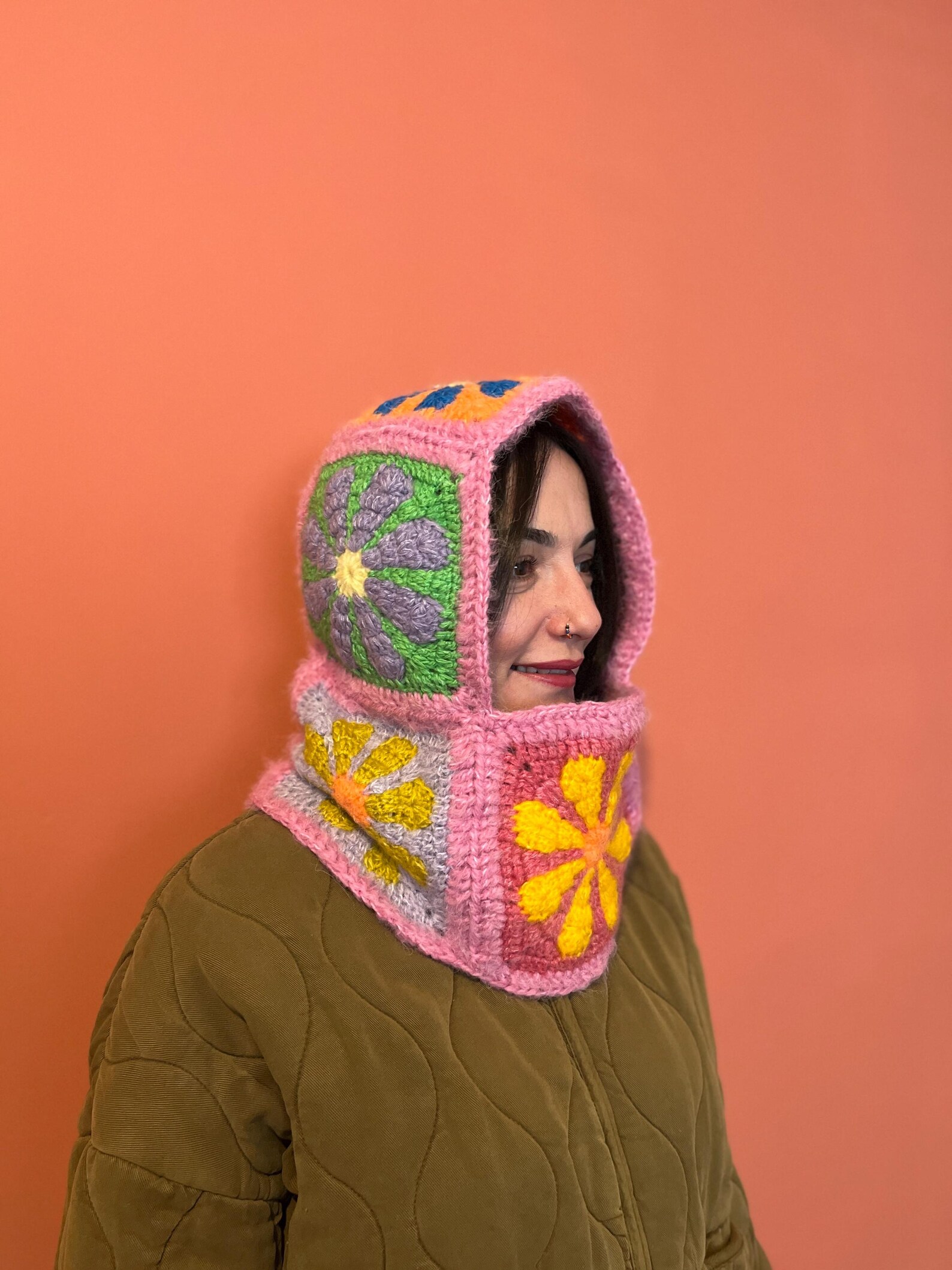 Crochet Mohair Balaclava Handmade Lilac Floral Hood Etsy