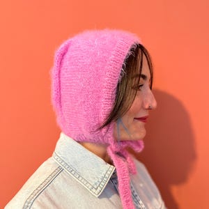 Knit Pink Bonnet, Tie Bonnet, Soft and Warm Tie-Up Hat, Cozy Hand Knit Bonnet Hat, Knit Hood