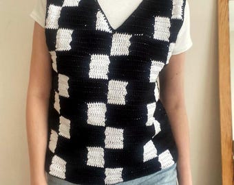 Wednesday Vest, Crochet Checkered Vest, Black and White