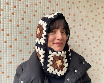 Handknit Granny Square Balaclava: Brown & Cream Winter Mask