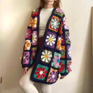 Crochet Granny Square Cardigan, Handmade Cardigan, Big Sleeves Cardigan, Colorful Women Cardigan