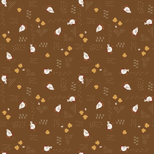 May include: A seamless pattern featuring white birds on a brown background. The birds are scattered throughout the pattern and are facing different directions. The background is filled with abstract shapes and lines in shades of brown and white.