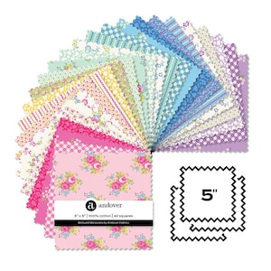 May include: A charm pack of 42 square fabric pieces, each measuring 5 inches by 5 inches. The 100% cotton squares feature various floral, gingham, and geometric patterns in shades of pink, yellow, blue, green, and purple with pinked edges.