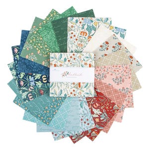 May include: A collection of fabric squares in various floral and botanical patterns, arranged in a circular display. The color palette includes shades of green, blue, red, and pink. A central package is labeled "Humbleside" with a bird illustration.