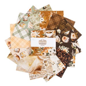 May include: A collection of fabric squares with coffee-themed patterns. Designs include coffee cups, coffee beans, floral arrangements, and text such as "Coffee Time" and "Fueled by Coffee." The color palette features shades of brown, cream, and green.