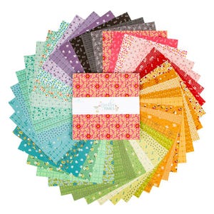 May include: A circular arrangement of fabric squares in various colors and patterns. The fabrics include floral, geometric, and solid designs in shades of blue, green, pink, yellow, and purple. A central stack of fabric squares features the text "Gentler Times".