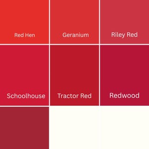 May include: A color palette featuring nine red hues, each in a square. The shades range from bright red to deep burgundy, with names like "Red Hen," "Geranium," and "Cherry Tart." Two squares are labeled "Coming Soon."