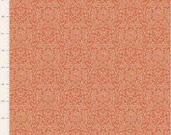 May include: Close-up of a fabric with a repeating floral pattern. The background is a warm, terracotta color, with a delicate, cream-colored floral design. The pattern includes flowers, leaves, and vines, creating a classic, vintage aesthetic. The fabric is approximately 9 inches in height.