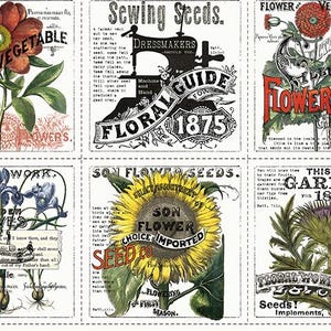 May include: A collage of vintage seed packet designs featuring botanical illustrations. The packets showcase various flowers and vegetables, with text including "Flower Seeds," "Floral Guide," and "Thistle Garden!" The color palette includes red, green, and yellow.