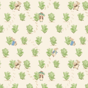 May include: A repeating pattern featuring illustrations of rabbits and other small animals in a garden setting. The rabbits are depicted in various poses, some wearing blue jackets, amidst rows of green lettuce. Footprints are scattered throughout the scene on a cream-colored background.