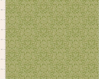 May include: A seamless pattern featuring a detailed floral design in a muted green color. The pattern includes stylized flowers, leaves, and vines, creating a classic, elegant look. The design is repeated across the fabric.