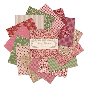 May include: A collection of fabric squares in various patterns and colors, including red, green, pink, and beige. The squares feature floral, polka dot, striped, and gingham designs. The center square has the text "Creating Memories".