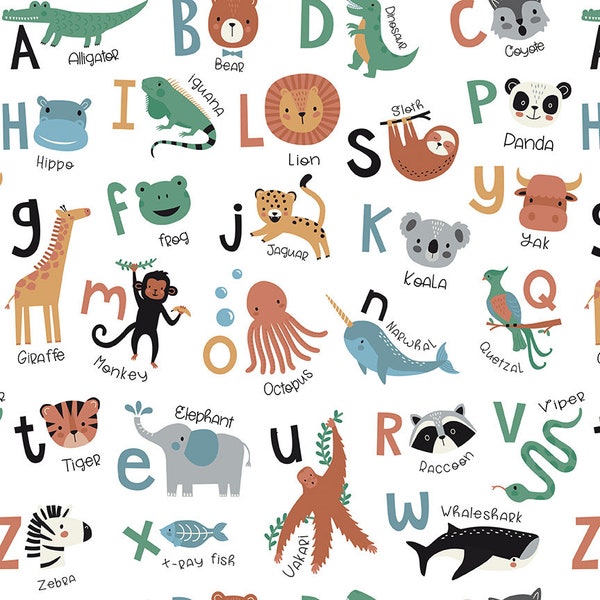 Alphabet Zoo Main White (C14090-White) by Dani Mogstad for Riley Blake Designs, 1/2 Yard, Cut Continuously