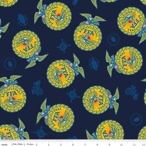 May include: Navy blue fabric featuring a repeating pattern of yellow and blue FFA emblems, eagles, and agricultural icons. The emblems include the text "FFA AGRICULTURAL EDUCATION".