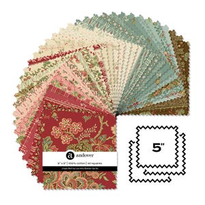 May include: A stack of 42 square fabric pieces, each measuring 5 inches by 5 inches, arranged in a fan shape. The cotton squares feature various floral and geometric patterns in shades of red, green, cream, and brown, with pinked edges.