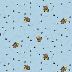 May include: A light blue pattern featuring cartoon bees and honeycombs. The bees are black and yellow, with dotted flight paths. The honeycombs are brown with yellow honey. This design is suitable for various products.