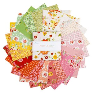 May include: A collection of fabric squares in various floral and geometric patterns. The color palette includes shades of pink, yellow, green, and orange. The label reads "Peach Cobbler". Ideal for quilting and crafting projects.