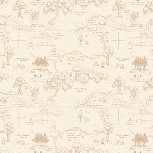May include: A cream-colored map illustration featuring a whimsical design with trees, houses, and text. The map includes phrases like "100 Aker Wood," "Piglet's House," and "Pooh Bear's House." The overall design has a vintage, storybook aesthetic.