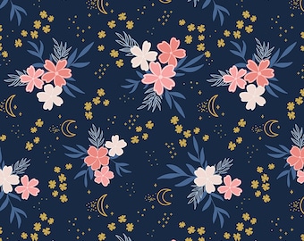 May include: A seamless pattern featuring pink and white flowers with blue leaves on a dark blue background. The pattern is accented with gold crescent moons and stars.