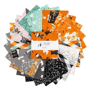 May include: A collection of Halloween-themed fabric squares in various colors and patterns. Designs include pumpkins, ghosts, witches, and spiderwebs. The fabric bundle is labeled "Frank and Friends" and is ideal for quilting and crafting projects.