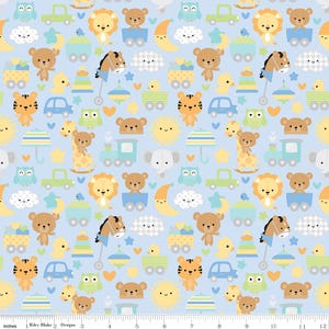 May include: A blue fabric with a repeating pattern of various animal and object illustrations. The pattern includes a lion, a tiger, a giraffe, a bear, an owl, a rocking horse, a train, a sun, a cloud, a moon, a star, a heart, a bird, a toy, and a car. The fabric is perfect for quilting, sewing, and crafting.