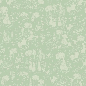 May include: A light green wallpaper featuring a repeating pattern of a whimsical garden scene. The design includes rabbits, birds, trees, watering cans, and butterflies in a soft, off-white color. The overall theme is a charming, pastoral aesthetic.
