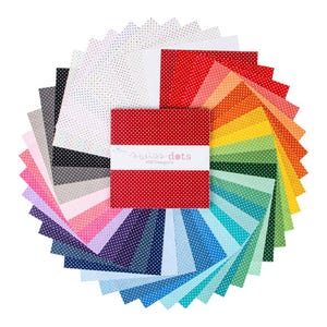 May include: A collection of 24 fat quarter fabric squares featuring a variety of colors and white polka dots. The fabric squares are arranged in a circle with the center square featuring a red background with white polka dots and the text "swiss dots" in white.