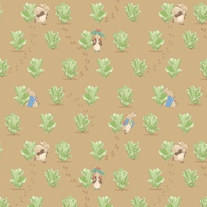 May include: A repeating pattern featuring illustrations of rabbits in blue and brown jackets, and a mouse wearing a hat, interspersed with green lettuce plants on a tan background. Footprints are scattered throughout the design.