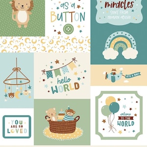 May include: A collage of baby-themed illustrations in pastel colors. It includes a lion, text that reads "Cute as a Button", a rainbow, a mobile, a basket of toys, and the phrases "Hello World", "You are so loved", and "Welcome Baby".