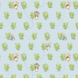 May include: A repeating pattern on a light blue background featuring illustrations of rabbits, lettuce, and footprints. The rabbits are depicted in various poses, some wearing blue jackets. The lettuce is green, and the footprints are gray.