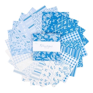 May include: A collection of blue and white fabric squares arranged in a circular pattern. The squares feature various floral, bow, and geometric designs. A white label with the text "Penelope" is in the center. Ideal for quilting and crafting projects.