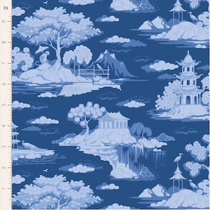 May include: A dark blue fabric featuring a repeating light blue toile pattern of pagodas, mountains, trees, and birds. A vertical ruler on the left side shows measurements in inches, with the scale extending from 1 to 9 inches along the edge.