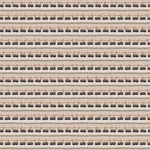 May include: A repeating pattern of small black trains on a light pink background. The trains are on tracks with brown dots scattered around them.