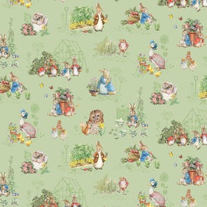 May include: A green background with a repeating pattern of various animals and objects. The animals include rabbits, owls, frogs, and birds. The objects include flowers, plants, and gardening tools. The pattern is whimsical and charming.
