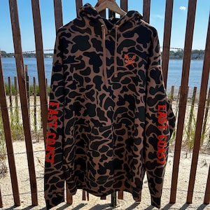East Coast Duck Camo Hoodie, Skull & Trident Tattoo Style Sweatshirt, Bold Streetwear, Unisex Heavyweight Hoodie, Outdoor Coastal Apparel