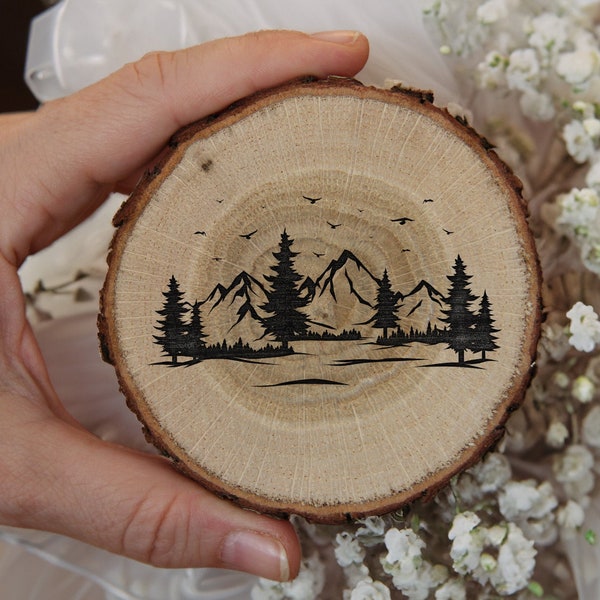 Mountain Engraved Wood Coaster Set - Laser Engraved Mountain Silhouette on Each Wood Coaster