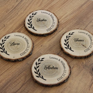 Wood Wedding Place Settings - Laser Engraved with Couple's Names, Wedding Date, Guest Name, & Leaf Border