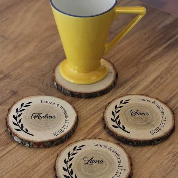 Wood Wedding Place Settings - Laser Engraved with Couple's Names, Wedding Date, Guest Name, & Leaf Border