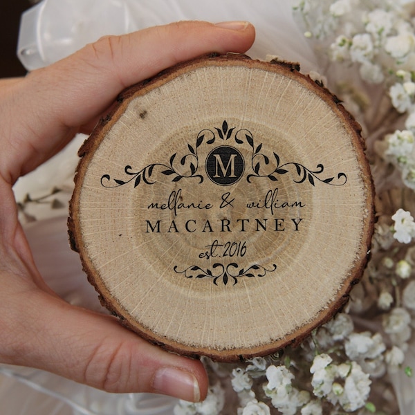 Custom Wood Slice Wedding Favors - Laser Engraved with Couple's Names, Wedding Date, & Leaf Accents